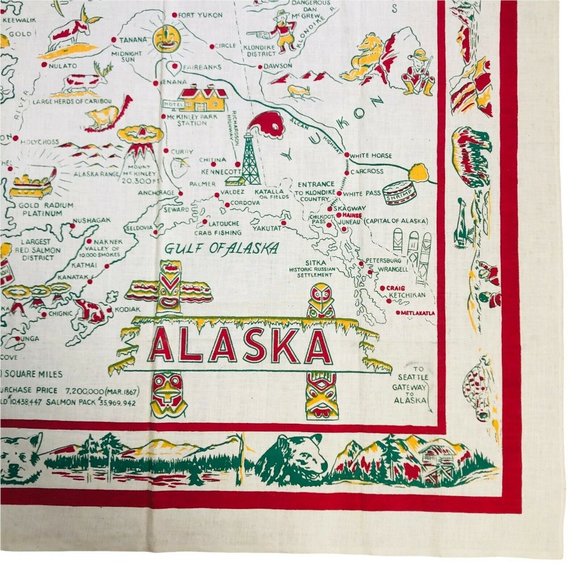 Vintage Alaska State Tablecloth Map Souvenir Square 50" x 50" Kitchen Table - Picture 4 of 11